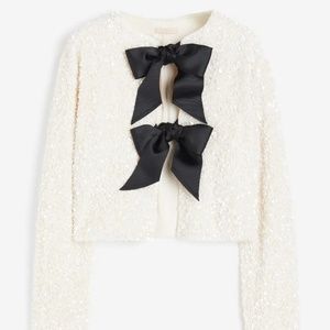 H&M White Bow Tie-Front Sequin Jacket Cardigan Top Holiday Xmas New Year Size M